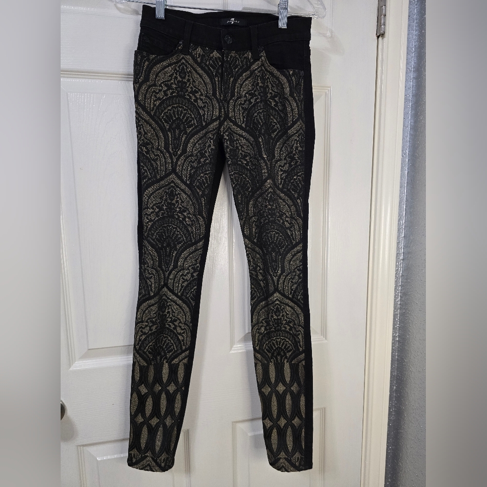7 For All Mankind Black and Gold Patterned Skinny Pants